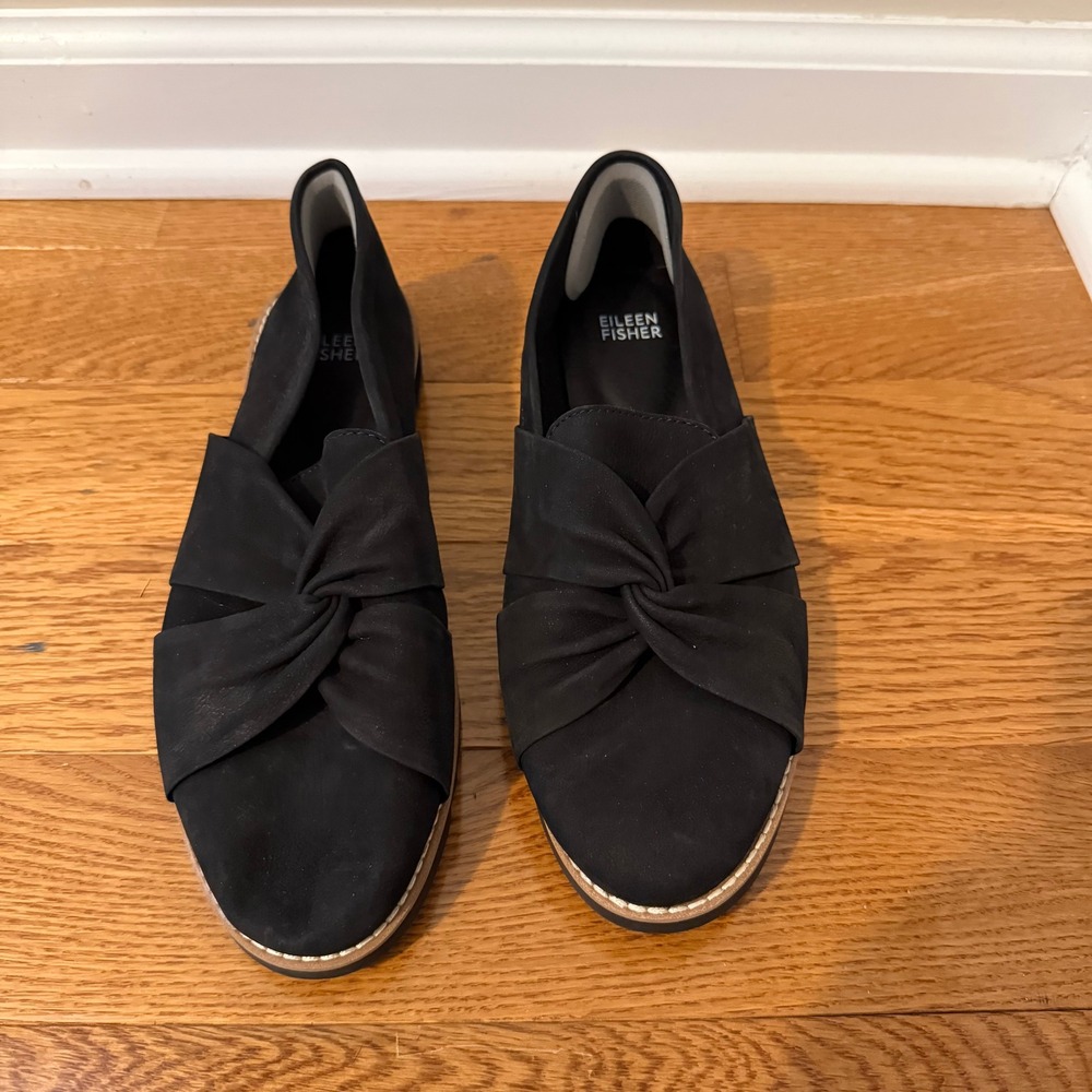 Eileen Fisher Black Twist Knot Nubuck Leather Flats Size 9.5